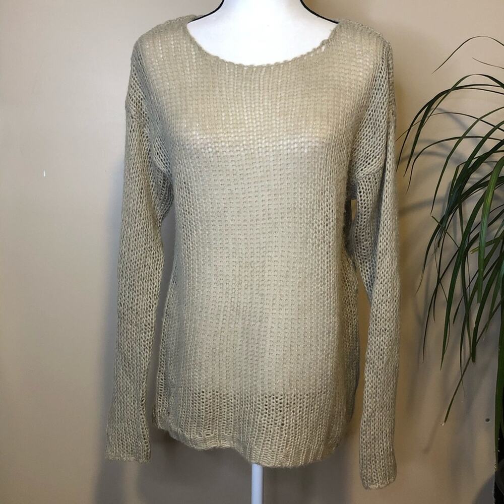 Others Follow Loose Knit Long Sleeve Crochet Pullover Sweater Tan Beige Size L